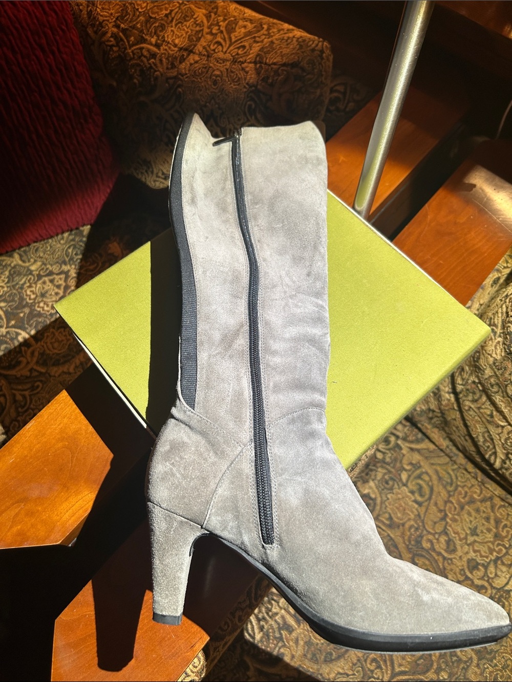 Aquatalia Grey Suede Knee Boots with Side Zip and Mid Heel